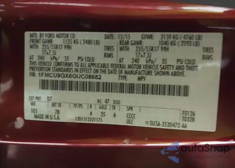 2016 Ford Escape Se из США, поврежденный, VIN 1FMCU9GX6GUC08682